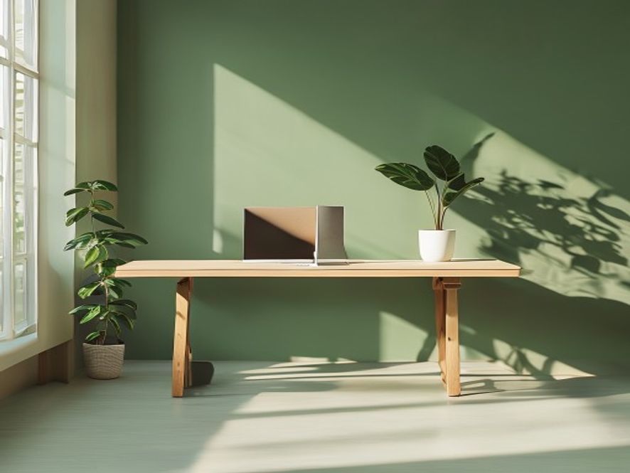 Bureau met dubbele monitor, ergonomische toetsenbordstand en beeldschermstandaard, rustige kantooromgeving